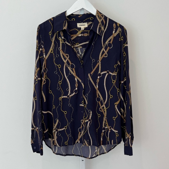 L’AGENCE BLUE EQUESTRIAN STRAP PRINT SHIRT SIZE LARGE NWOTS! - Picture 3 of 13